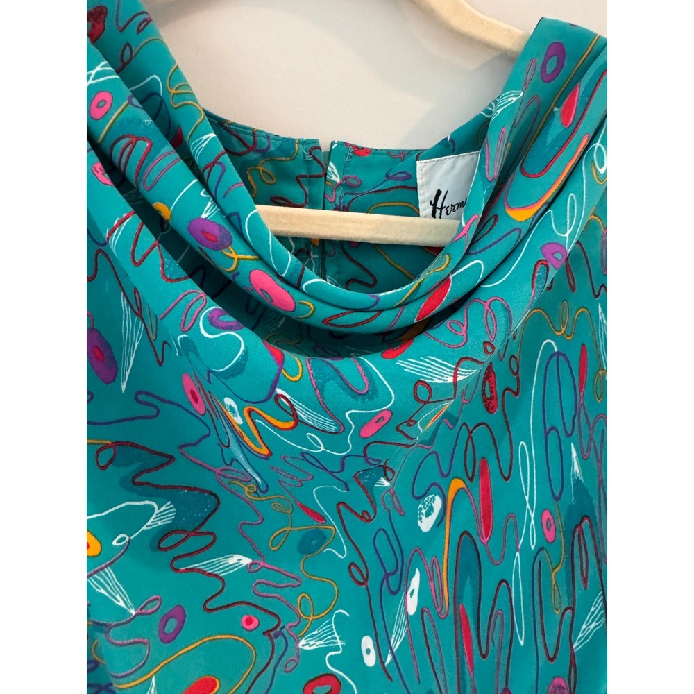 Vintage 80s Herman Marcus Dallas Teal Abstract Cowl Neck Belted Midi Dress 10 - Picture 5 of 10